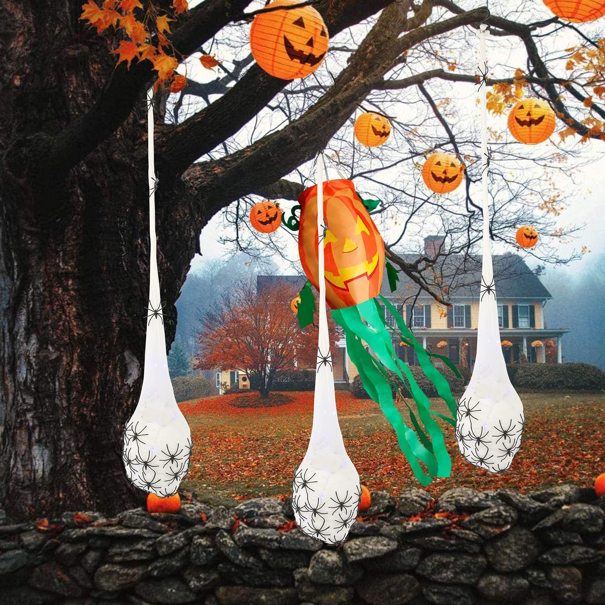 FUNPENY 3.2FT Halloween Decoration Hanging Light Up Spider Egg Sacs 3 Packs, Gift for Halloween Party Favors Games, Sacks Props